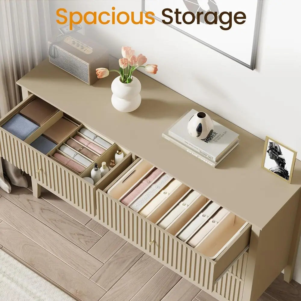 Modern Fluted 6-Drawer Beige Wood Dresser with TV Stand Storage for Bedroom and Living Room,Customized