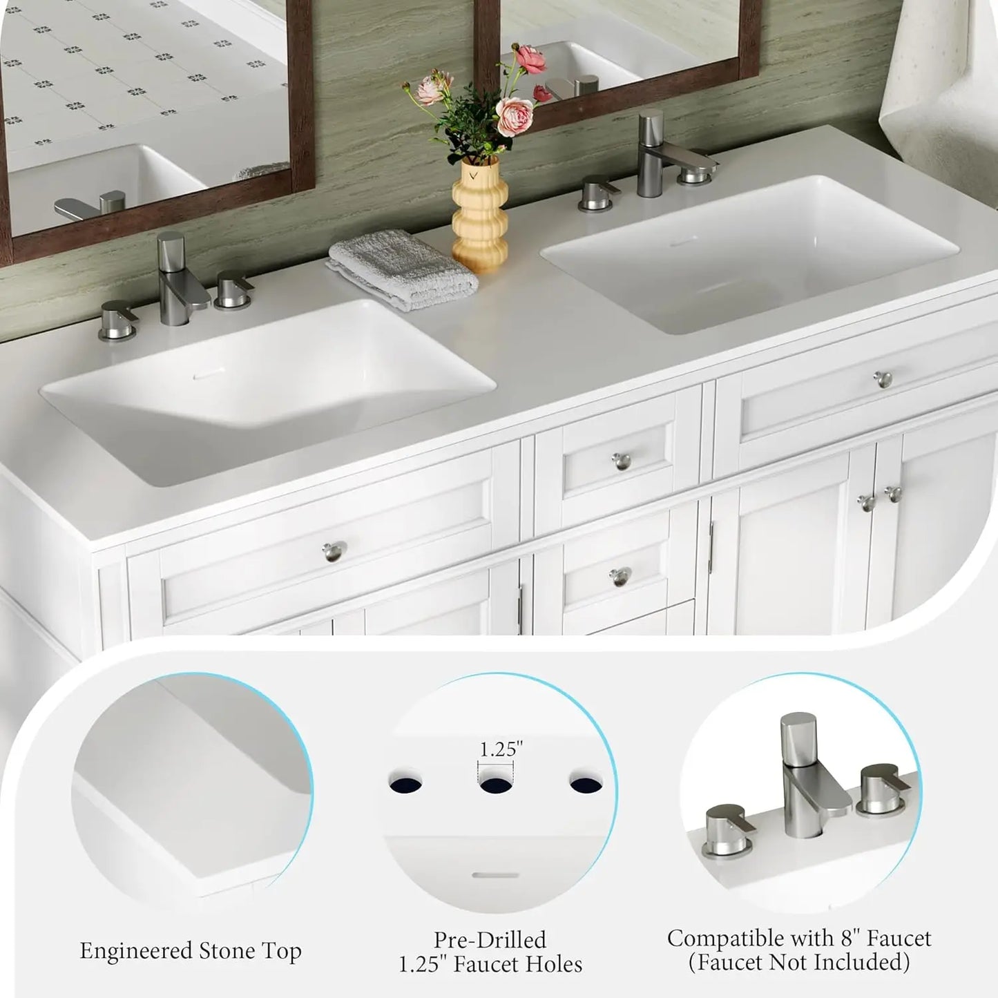 60″ Bathroom Vanity with Sink Combo, Solid Wood Vanity Cabinet with 3 Storage Drawers & Adjustable Shelves, White