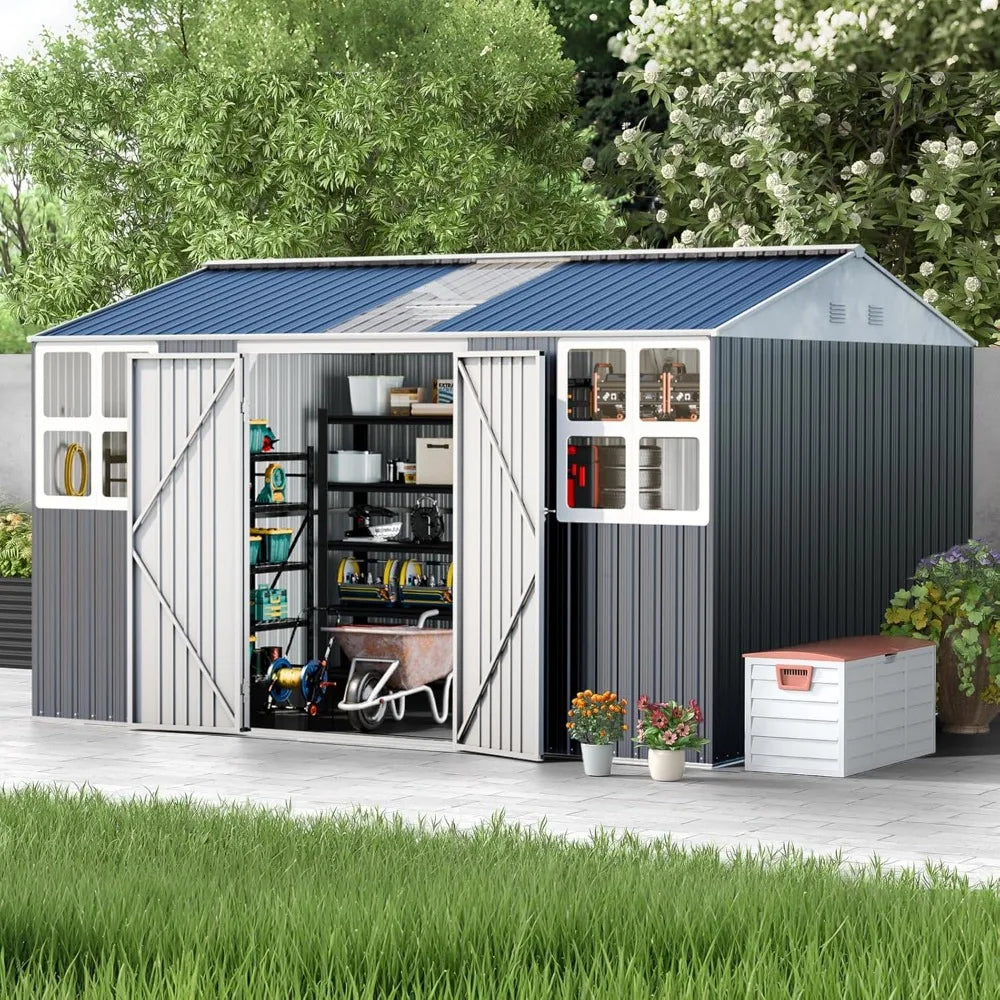 12x10 FT Metal Sheds & Outdoor Storage: Heavy Duty Garden Sheds with Dual Transparent Panels, 2x4-Pane Windows & Hinged Double D
