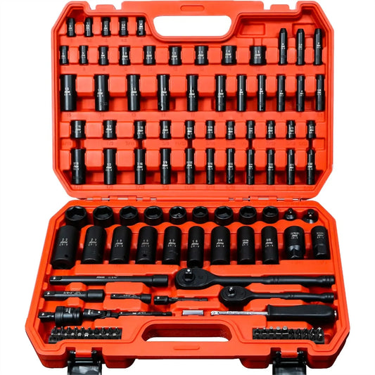 123Pcs Impact Socket Set, 1/4" & 3/8" Drive Deep Shallow, Metric SAE 6-Point, with Ratchet & Bits for Auto Home
