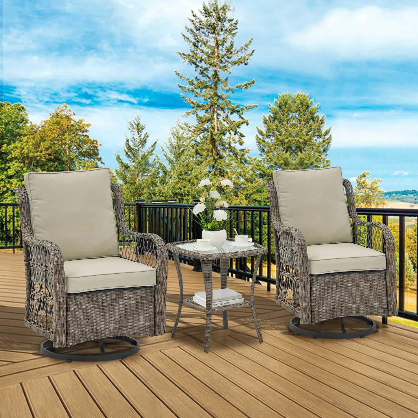 3 Pieces Outdoor Wicker Swivel Chair Set, Swivel Rocking Chairs Set of 2 with Rattan Side Table, 360-Degree Swivel Rocking Chair