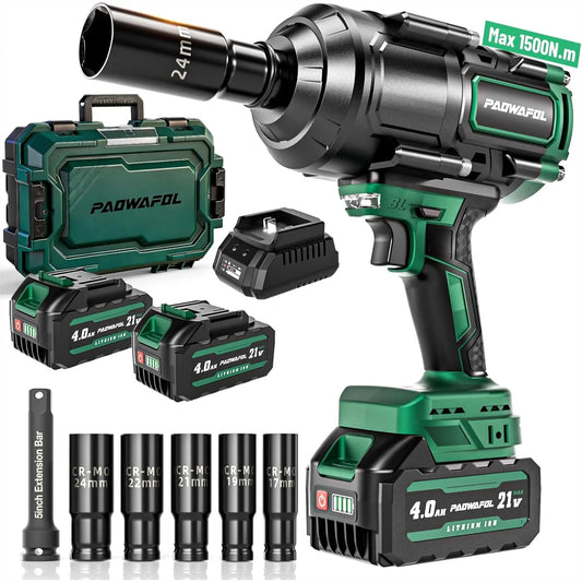 High Torque Impact Wrench 1500N.m 1/2 Brushless, Cordless Impact Gun with 2x4.0Ah Battery & Fast Charger, for Car Truck Tire