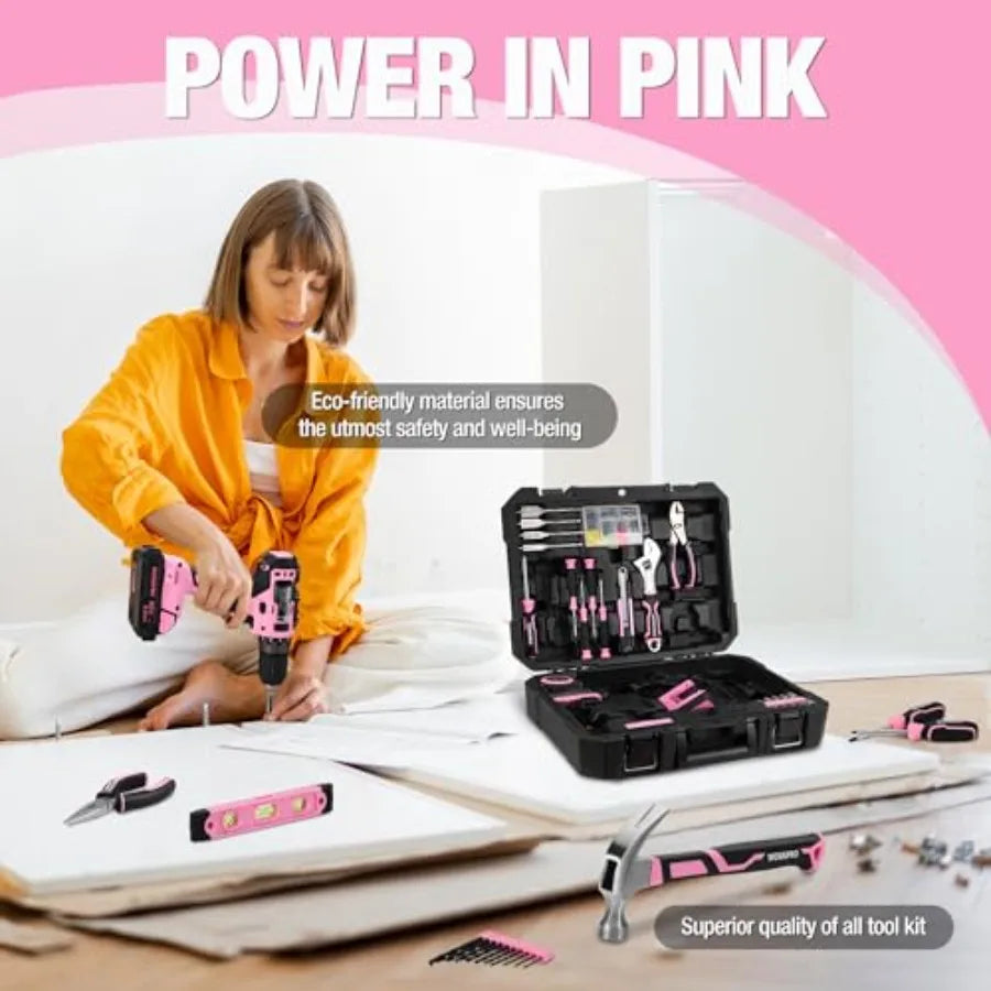 20V Pink Cordless Drill Driver and Home Tool Set with 141PCS Hand Tools for DIY Projects Home Maintenance and Repairs I