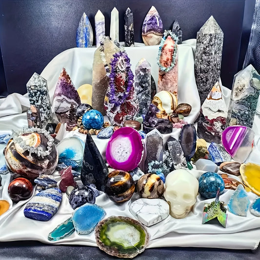 Open your own unique crystals! 4lb-6lb Crystal Gift Box-Mixed Raw Stone, Tower, Sphere, Carving , Bracelet Ring, Home Decoration