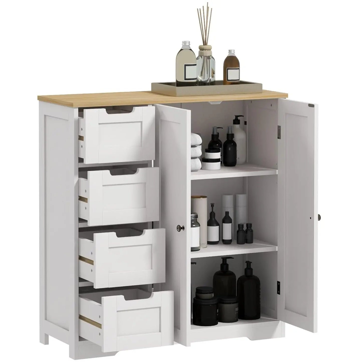 Bathroom Cabinet, Bathroom Floor Cabinet with Adjustable Shelf, Freestanding Storage Cabinet with 4 Drawers and 2, Customized