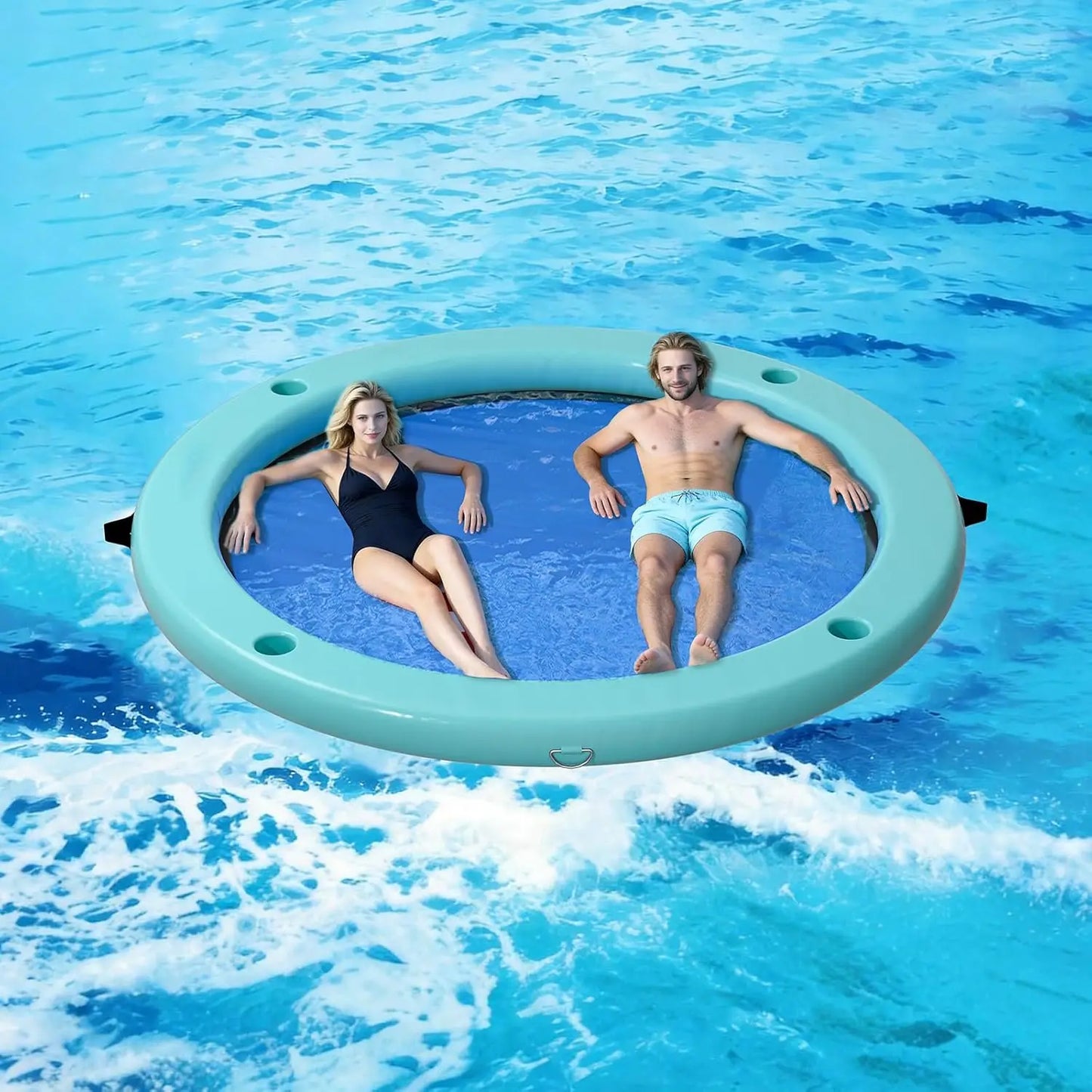 Sunchill Float Ring with 6 Cup Holders, Inflatable Water Hammock Heavy Duty Lake Floats for Adults Party, Round, Custom