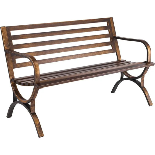 50 Carbon Steel Outdoor Bench with Slatted Backrest, Weatherproof for Patio, Garden, Antique Bronze