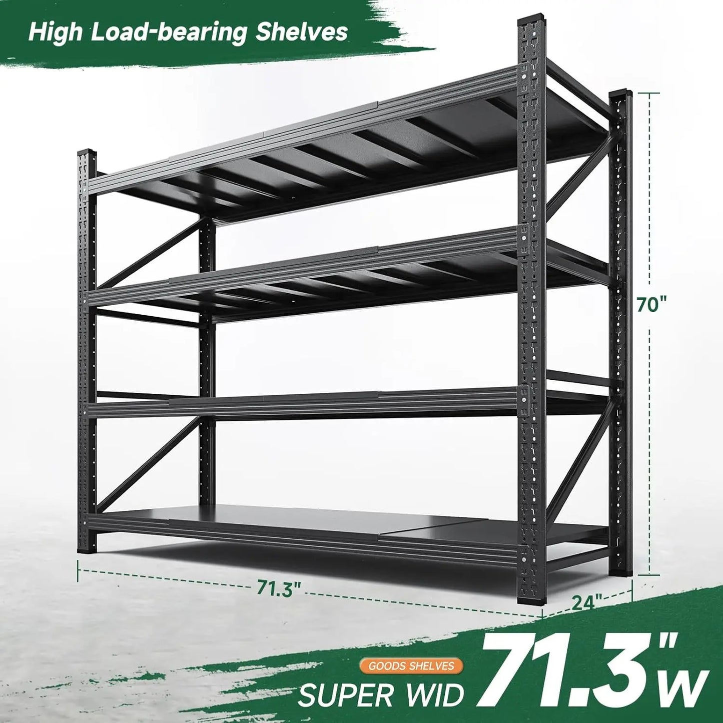 71.3" W Metal Storage Shelves,5000LBS Duty Garage Shelving Units, 4 Tier Adjustable Utility Rack Shelf(71.3" W x 24" D x 70" H)
