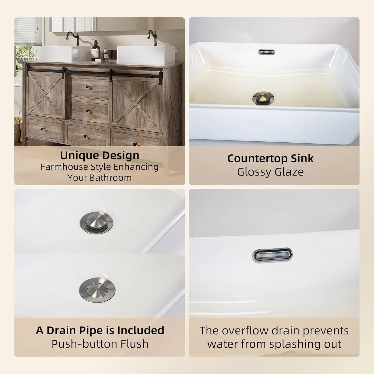 Bathroom Vanity with Sink - 60 Inch Bathroom Vanity Double Sink Ceramic, Freestanding Cabinet , Grey Wood Grain