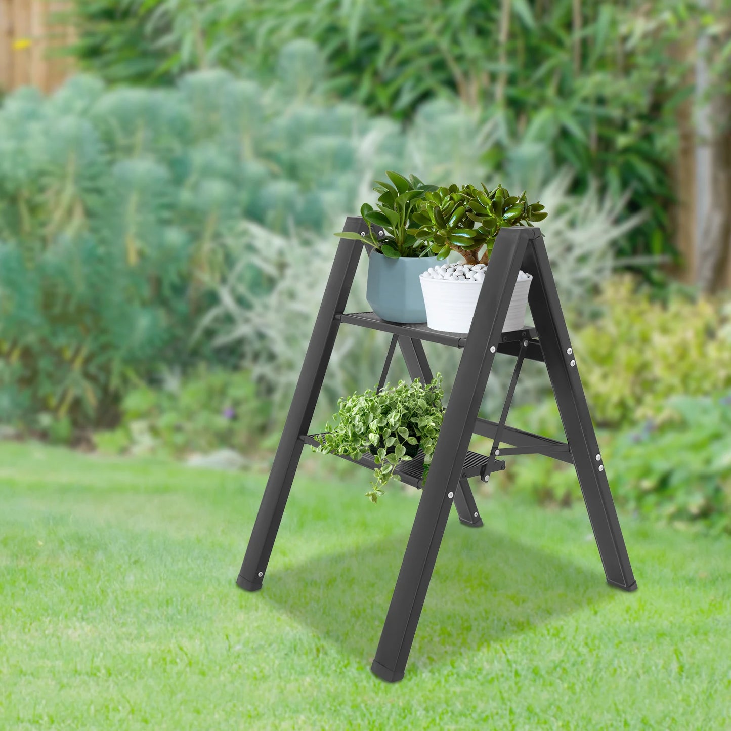 2-Step Foldable Aluminum Alloy Ladder 661lbs Load Capacity, Multi-use as Storage Shelf/Plant Stand for Home/Office, No Assembly