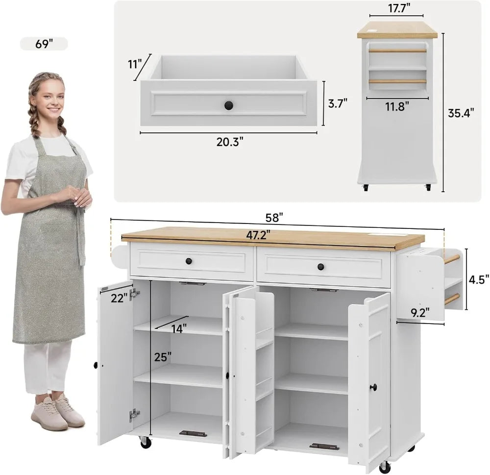 58" Mobile Kitchen Island Cart with Power Outlet, Storage Drawers, Spice Rack & Wheels