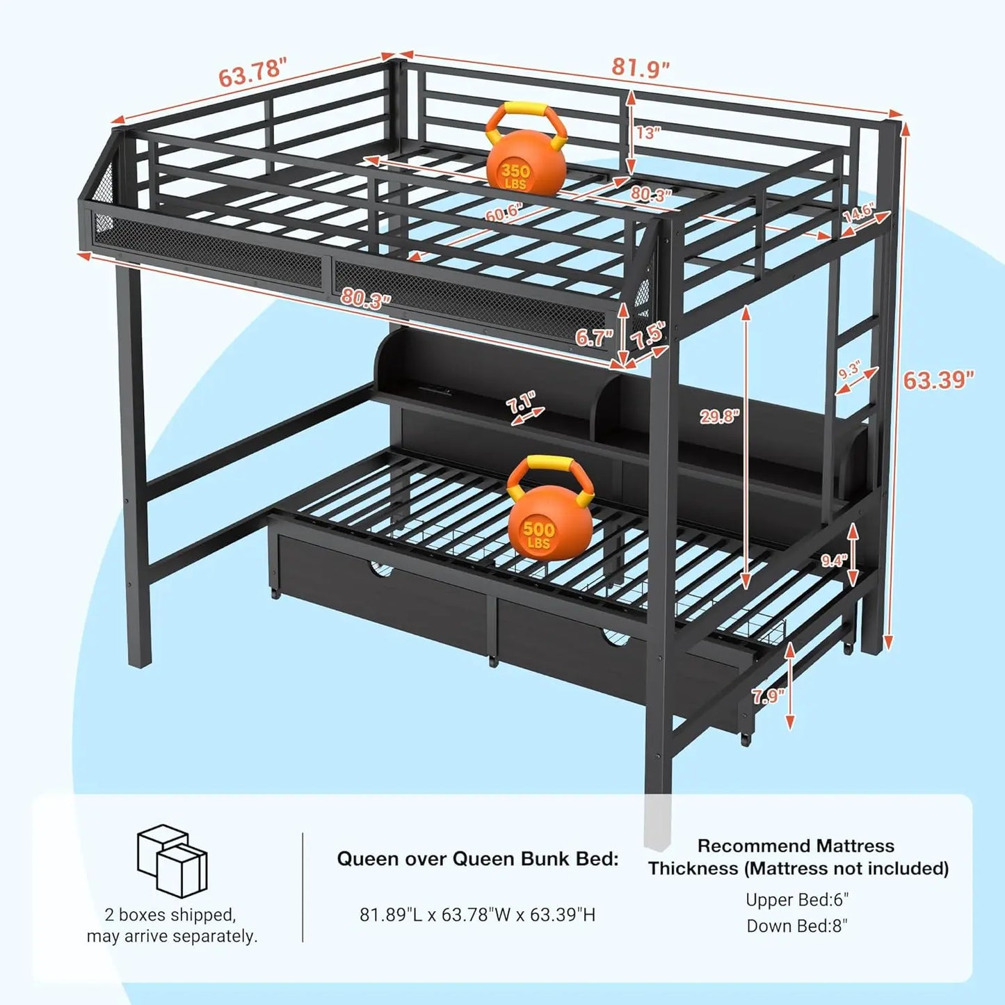 Queen Over Queen Bunk Bed Storage Drawers Guardrail Basket Charging Station LED Loft Teens Dorm Noise-Free Customized