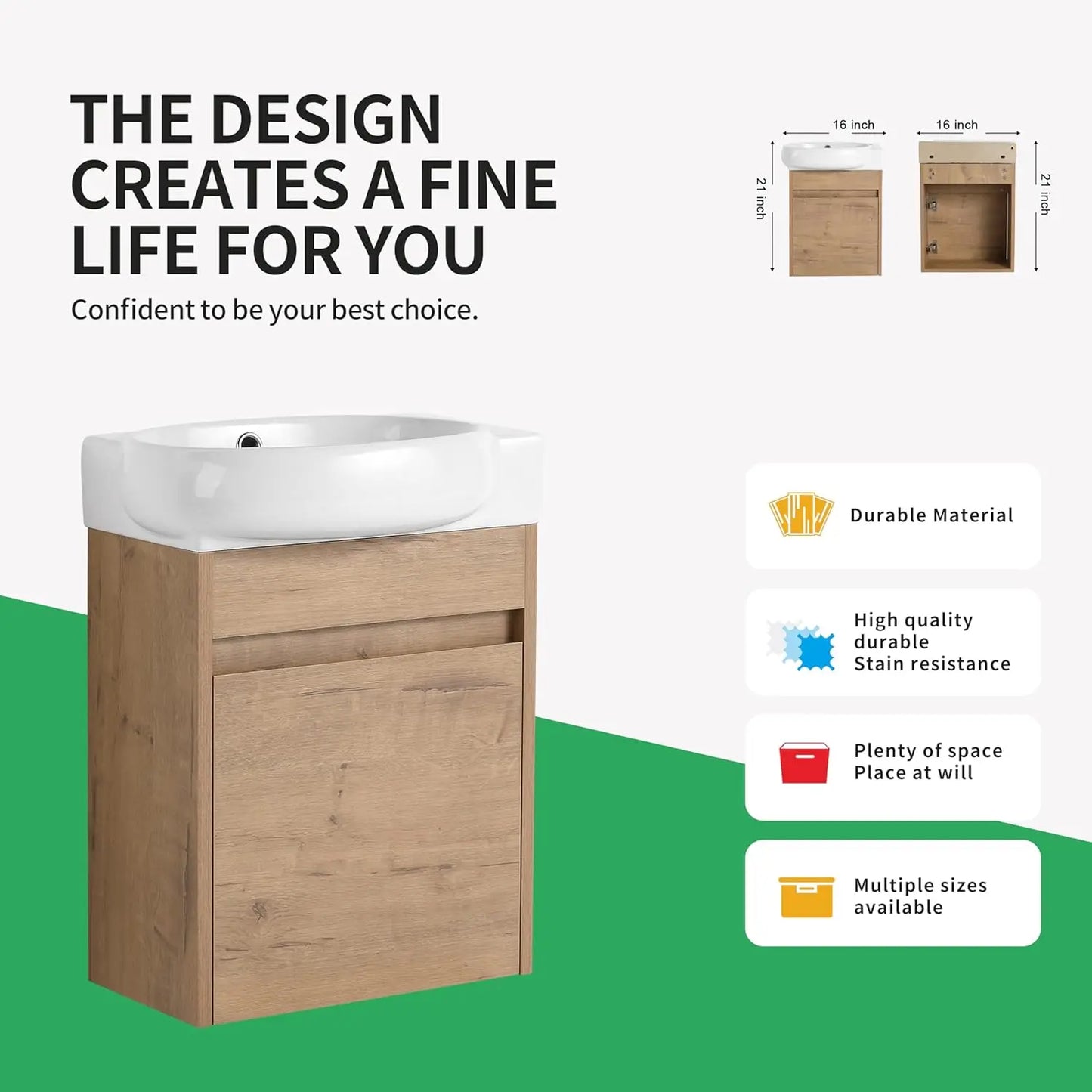 16in Floating Bathroom Vanity Sink Wall Mount Soft Close Door White Ceramic Top Small Space Storage Cabinet, Customized