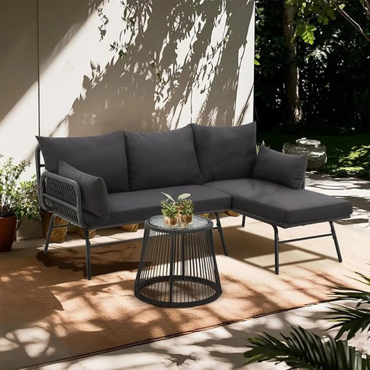 3-Piece Outdoor Patio Furniture Set – L-Shaped Rattan Sectional Sofa with Detachable Lounger, Glass Coffee Table & 4" Cushions