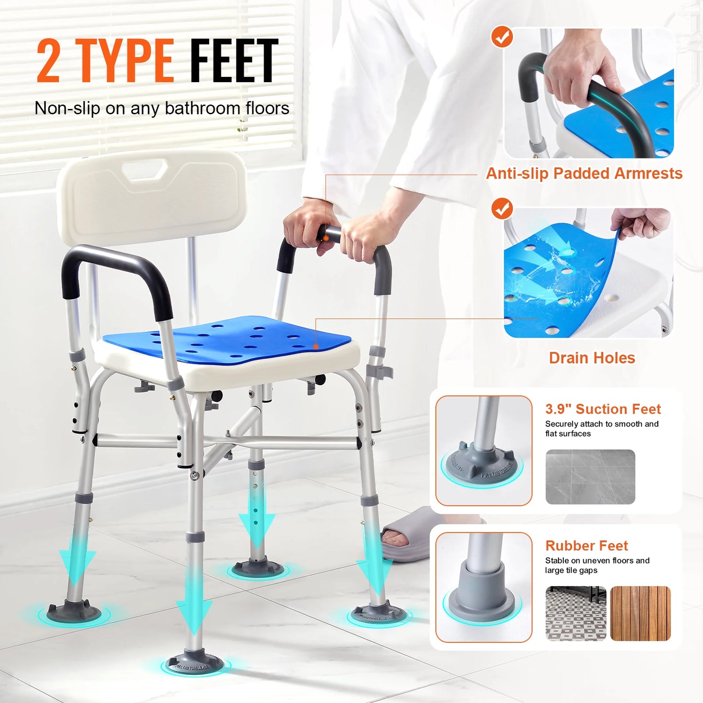 SucceBuy Shower Chair Adjustable Height Bench Bath Chair for Elderly Disabled Shower Chair for Inside Shower Bathtub 400/350lb