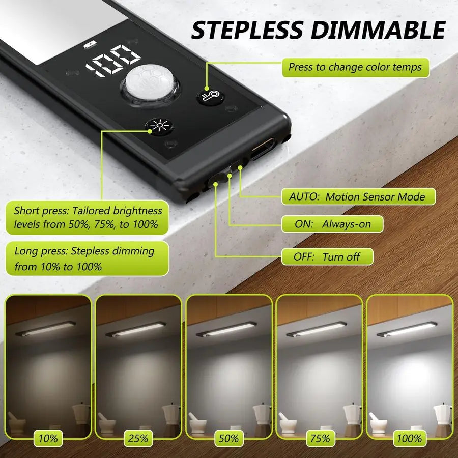 Pack 12 Under Cabinet Lights with Digital Display,2200mAh Rechargeable Motion Sensor Light Indoor,3 Color Temperatures, Magnetic