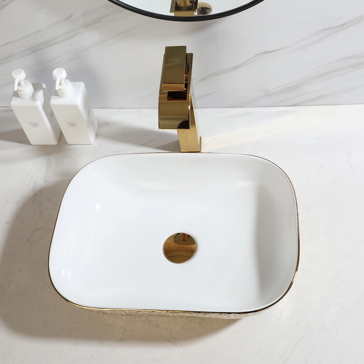 KEMAIDI Gold Hammered Bathroom Vessel Sink Set, Luxury White & Gold Basin with Gold Faucet Combo, Above-Counter Vanity Sink Kit