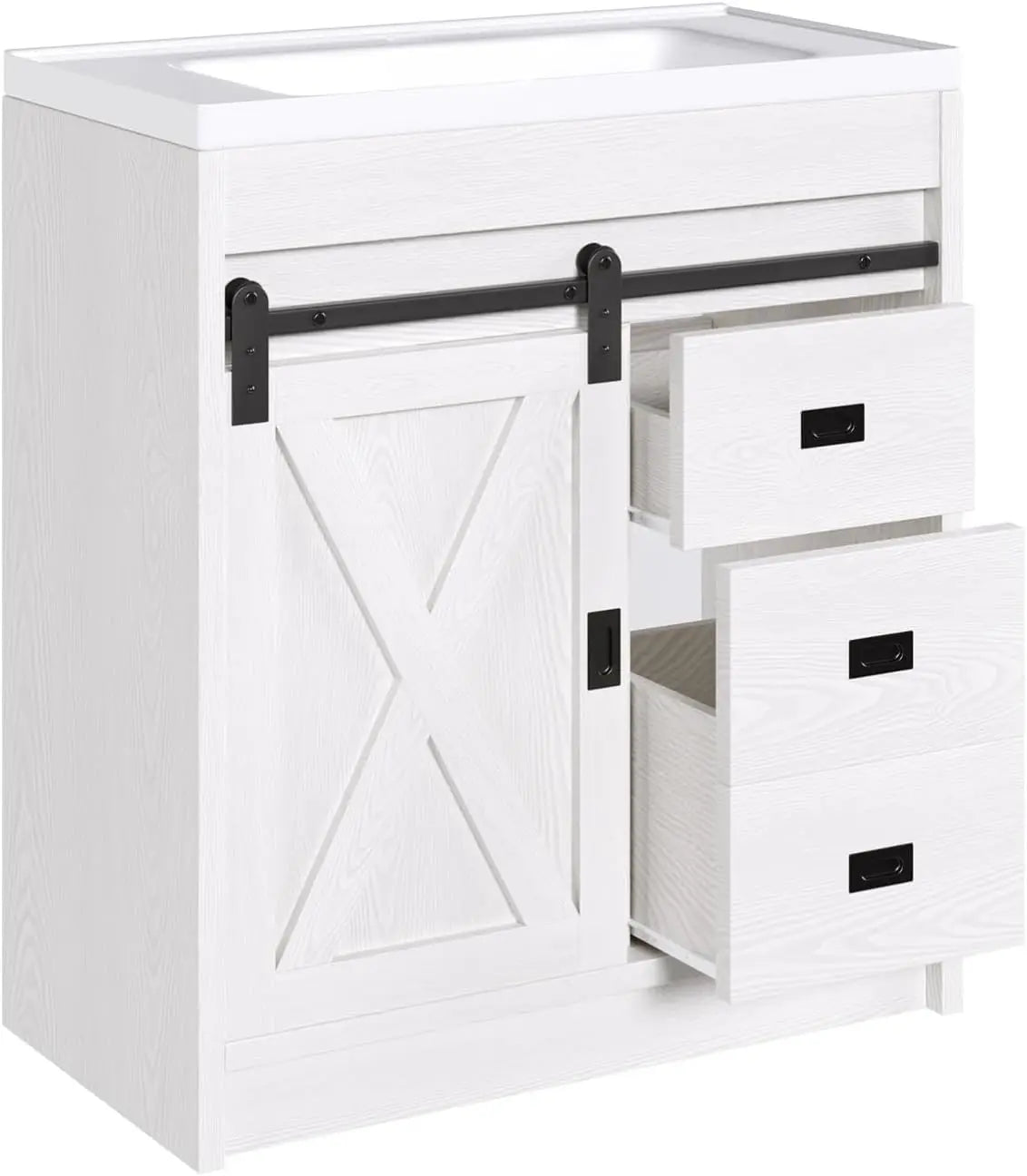 White Farmhouse Bathroom Vanity with Sink Small Vanity Cabinet Featuring 2 Drawers And Sliding Barn Door Customizable Design
