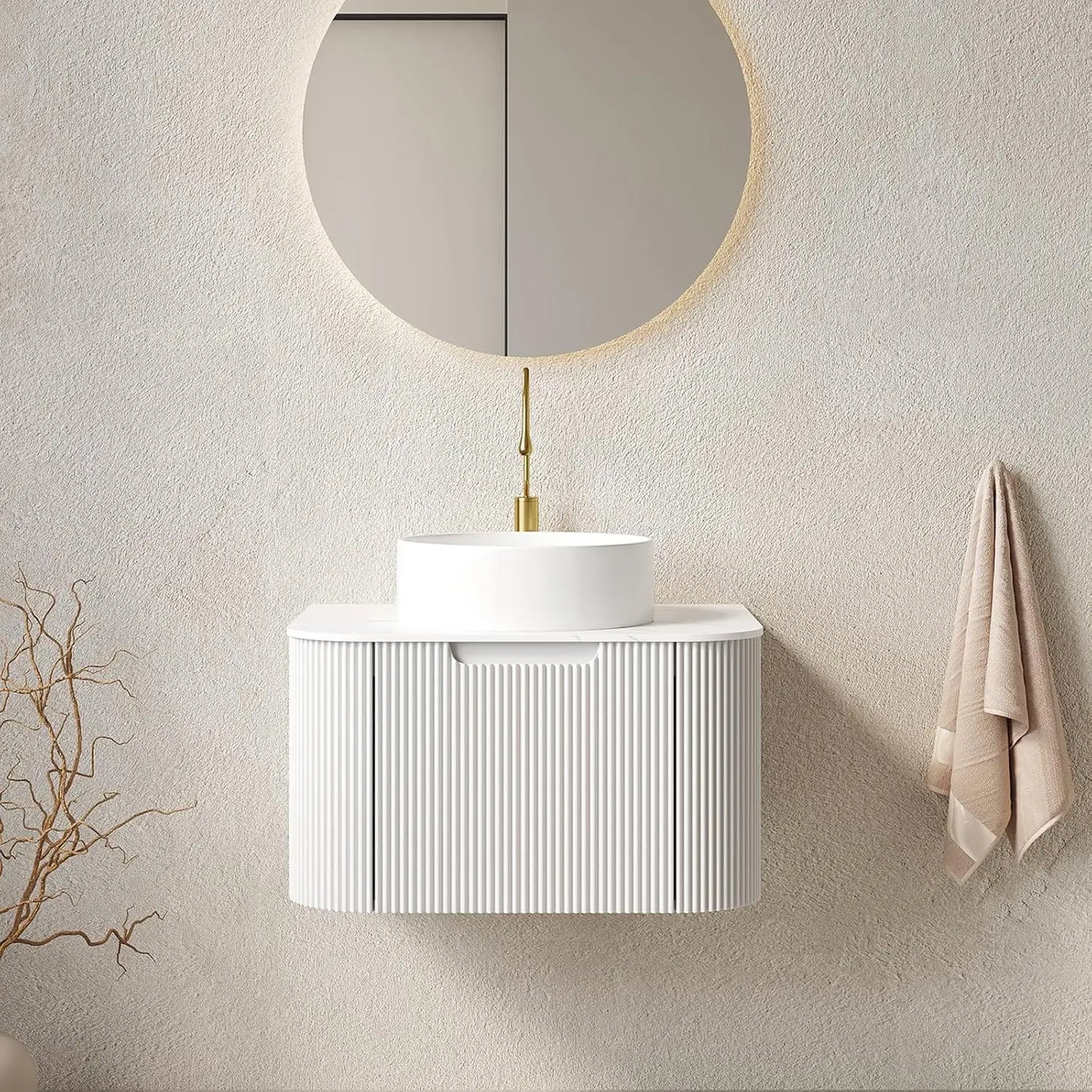 24 Inch Solid Wood Texture Floating Bathroom Vanity with Sink, Modern Wall-Mounted Striped Bathroom Storage Cabinet with White C