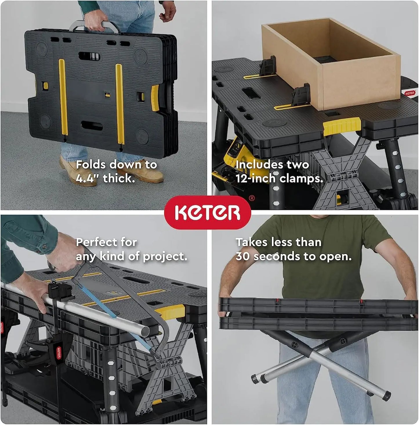 2-in-1 Portable Folding Work Table as Sawhorse & Workbench, Adjustable Height, Large Load Capacity with Clamps