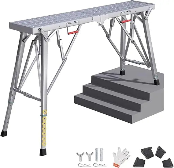 Scaffolding Platform Adjustable Height, Folding Work Platform, Aluminum Portable Scaffolding Ladder, Non-Slip Portable W