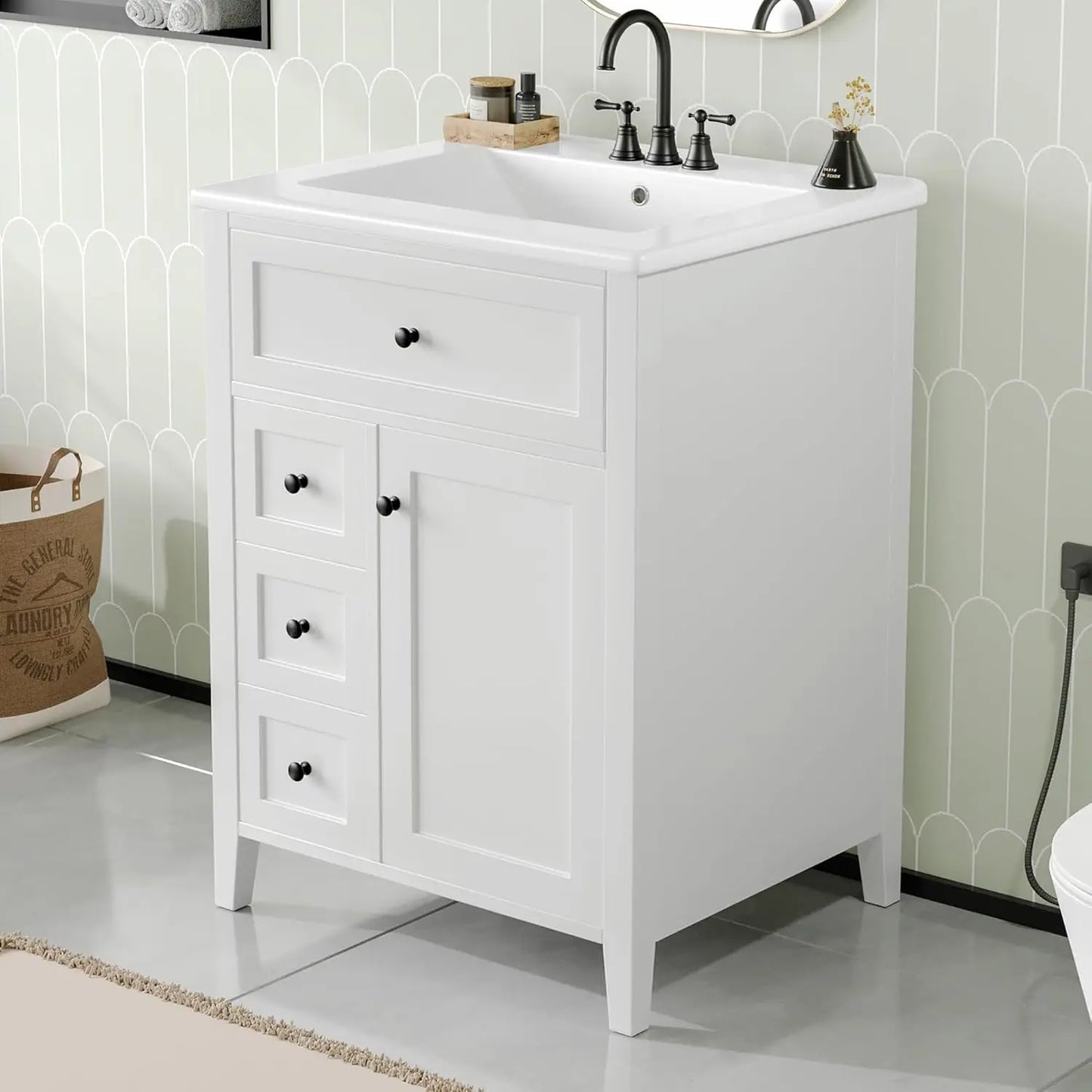 24 Inch White Bathroom Vanity Sink Combo Solid Wood Frame Storage Cabinet 3 Drawers Tip Out Drawer Adjustable Shelves Soft Closi