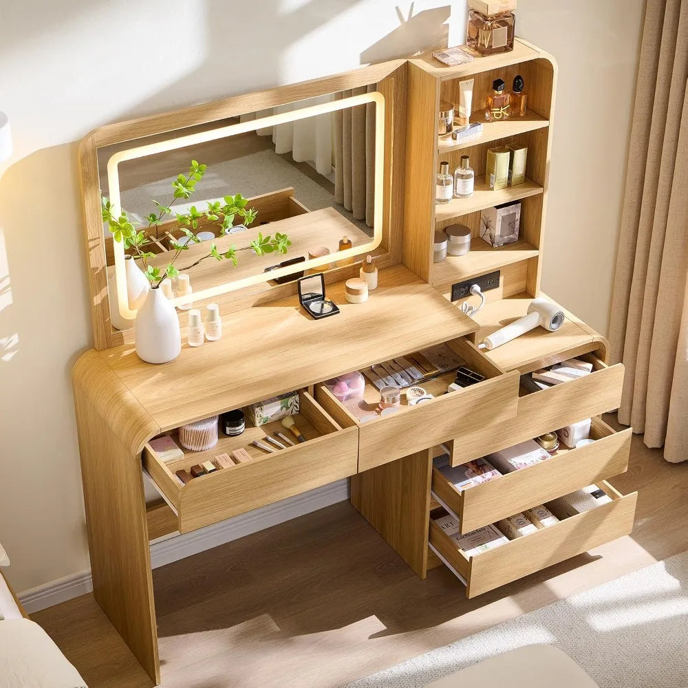 Vanity Desk, Light Mirror & 5 Drawers, Modern Bedroom Makeup Table, Custom