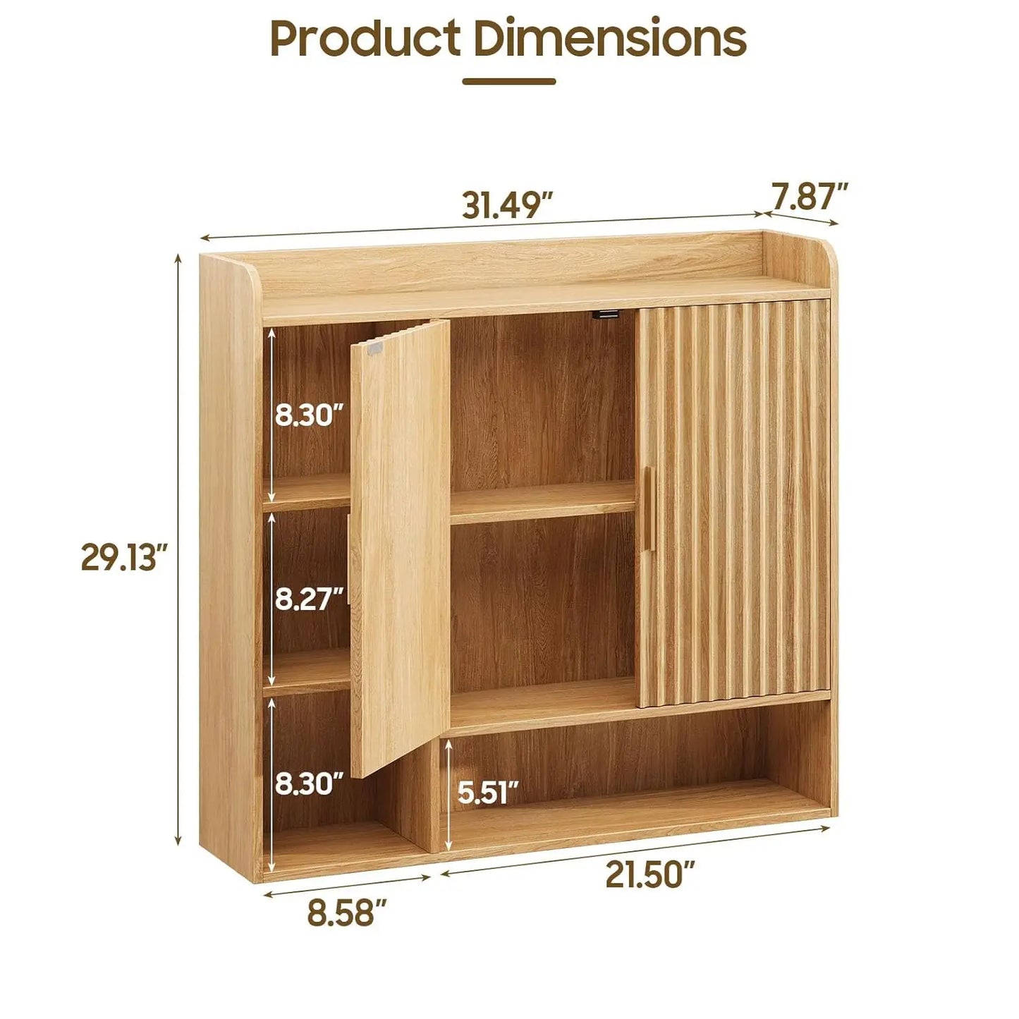 Fluted Bathroom Wall Cabinet, Wooden Medicine Cabinet Organizer with 2 Doors and Adjustable Shelf, Over The Toilet, Customized