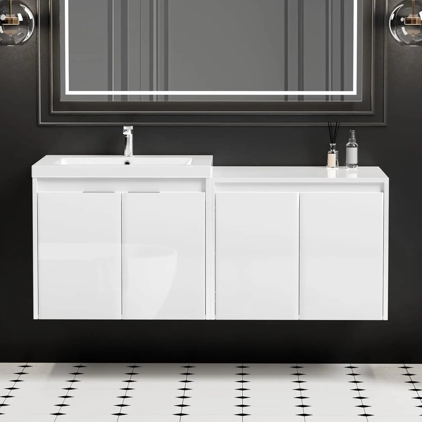48" Wall Mounted Bathroom Vanity Resin Sink Soft Close Storage Cabinet Modern Glossy White, Customized