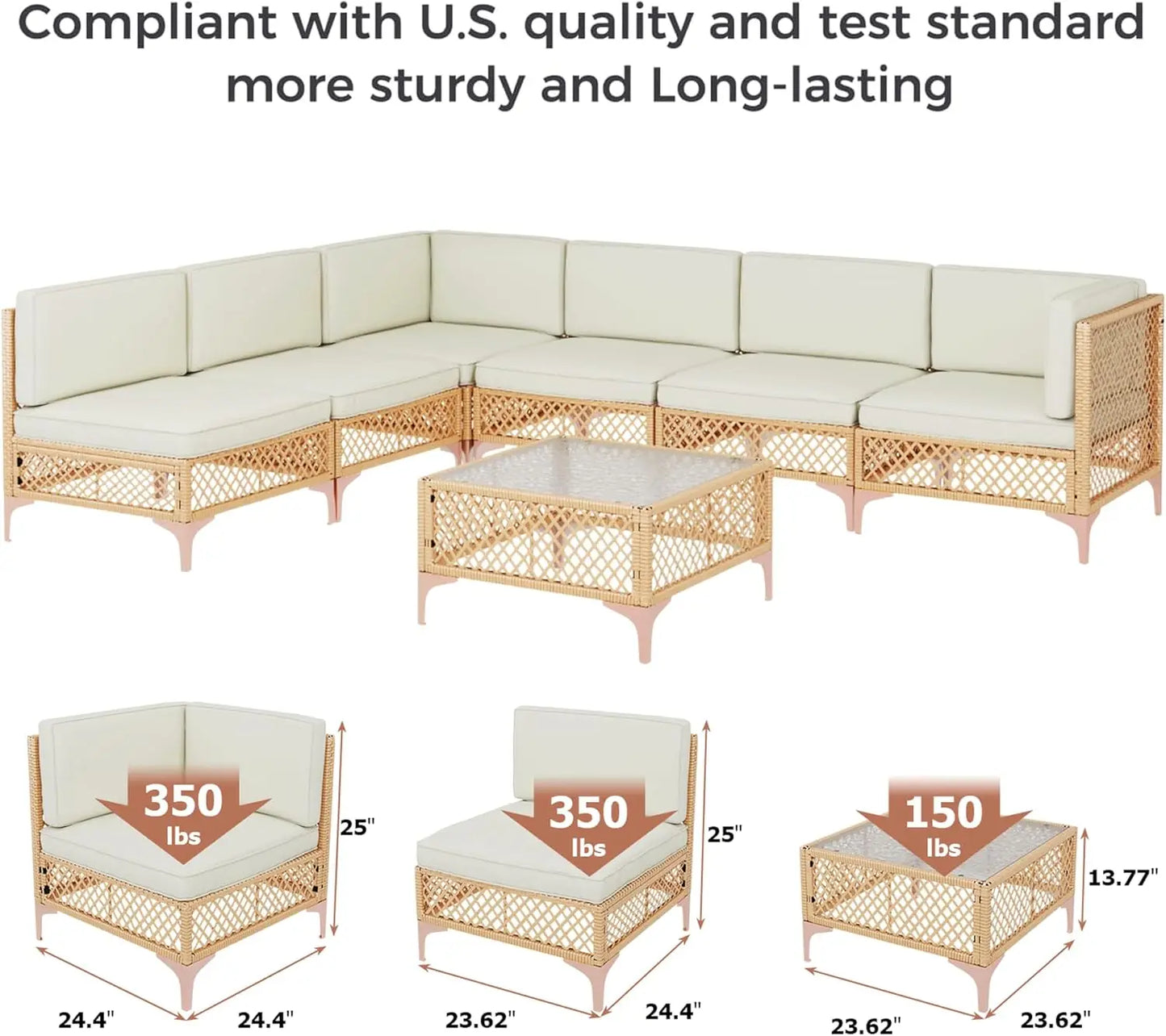 Outdoor Patio Furniture Set,Boho Patio Conversation Sectional Sofa with Large Tempered Glass Coffee Table and Waterproof Cushion