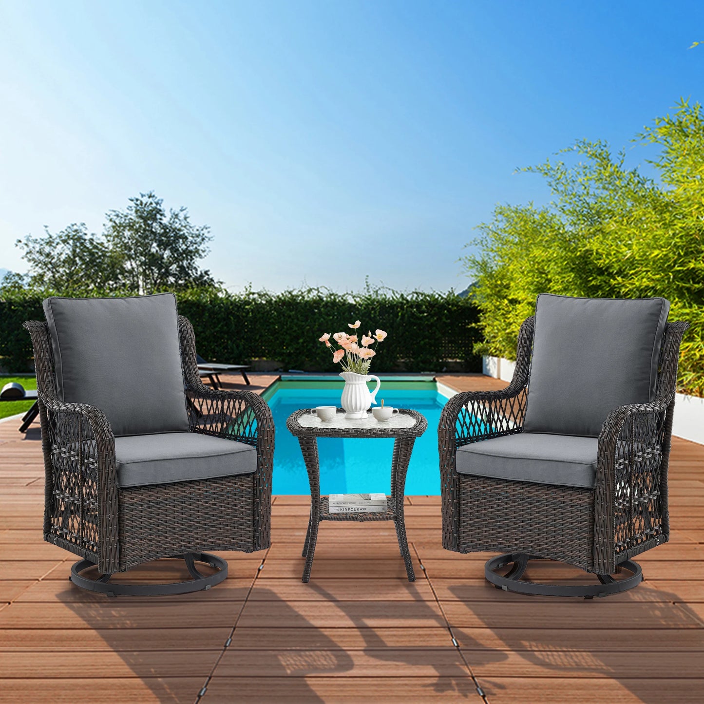 3 Pieces Outdoor Wicker Swivel Chair Set, Swivel Rocking Chairs Set of 2 with Rattan Side Table, 360-Degree Swivel Rocking Chair