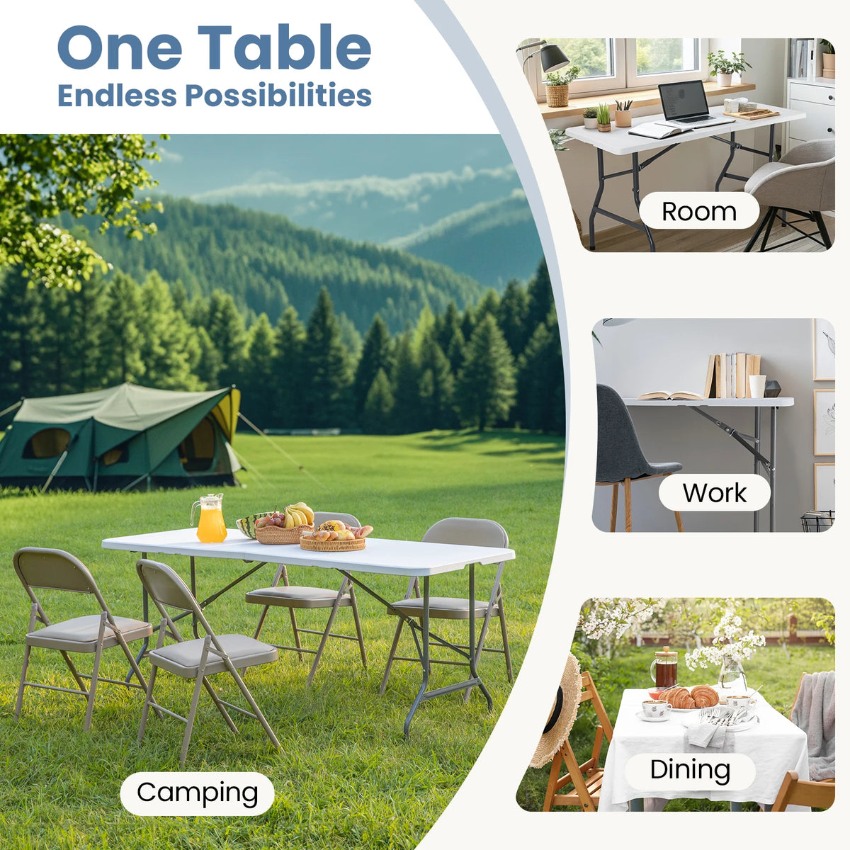 JHK 4/6/8 FT Portable Folding Outdoor Indoor Table Heavy Duty Foldable Table with Carrying Handle Safety Lock For Camping Picnic Dining