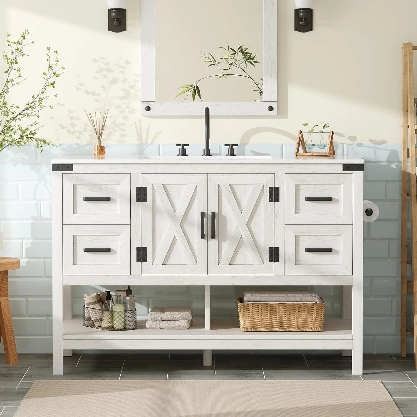 48” Farmhouse Bathroom Vanity with Sink, Freestanding Cabinet with 4 Drawers, Double Barn Doors & Open Shelf, Rustic Storage