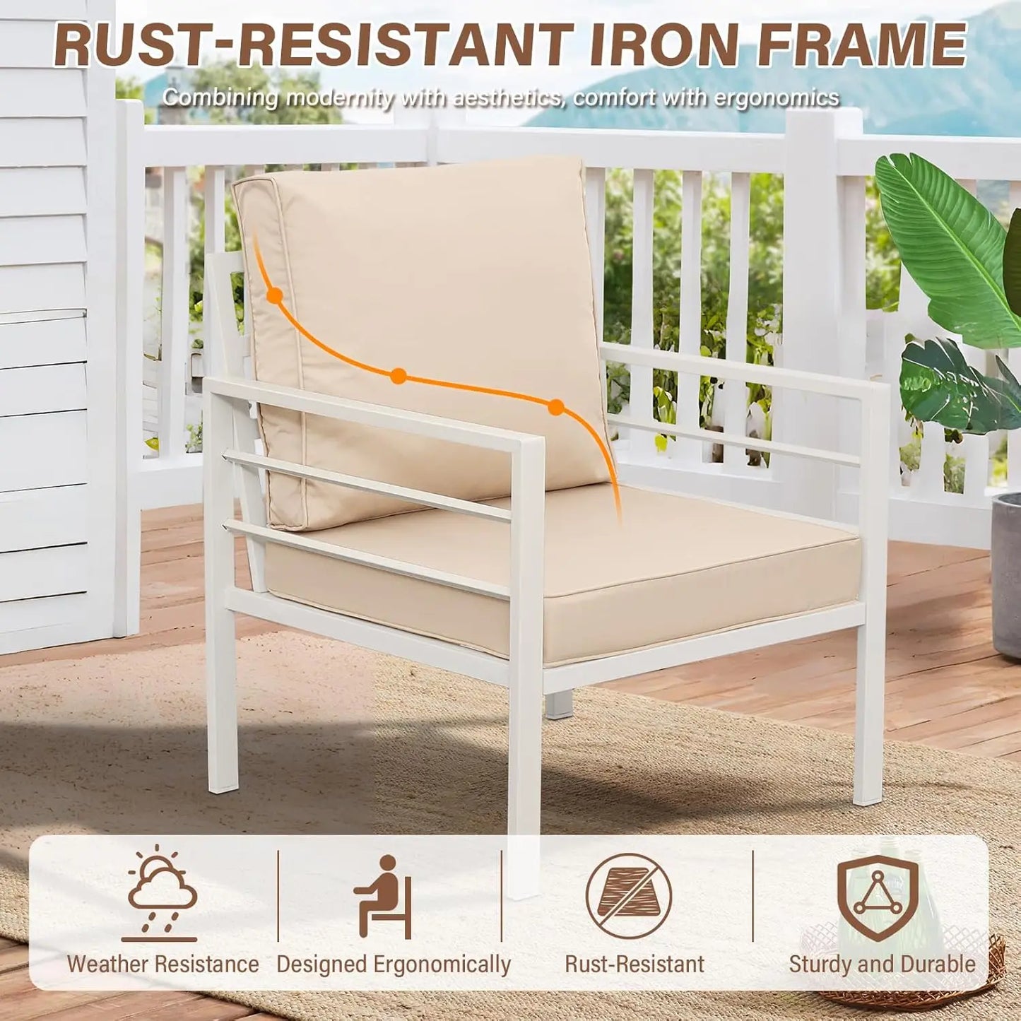 4-Piece Patio Furniture Set White Outdoor Metal Frame Sofa with High Backrest Seating Glass Coffee Table All-weather, Custom