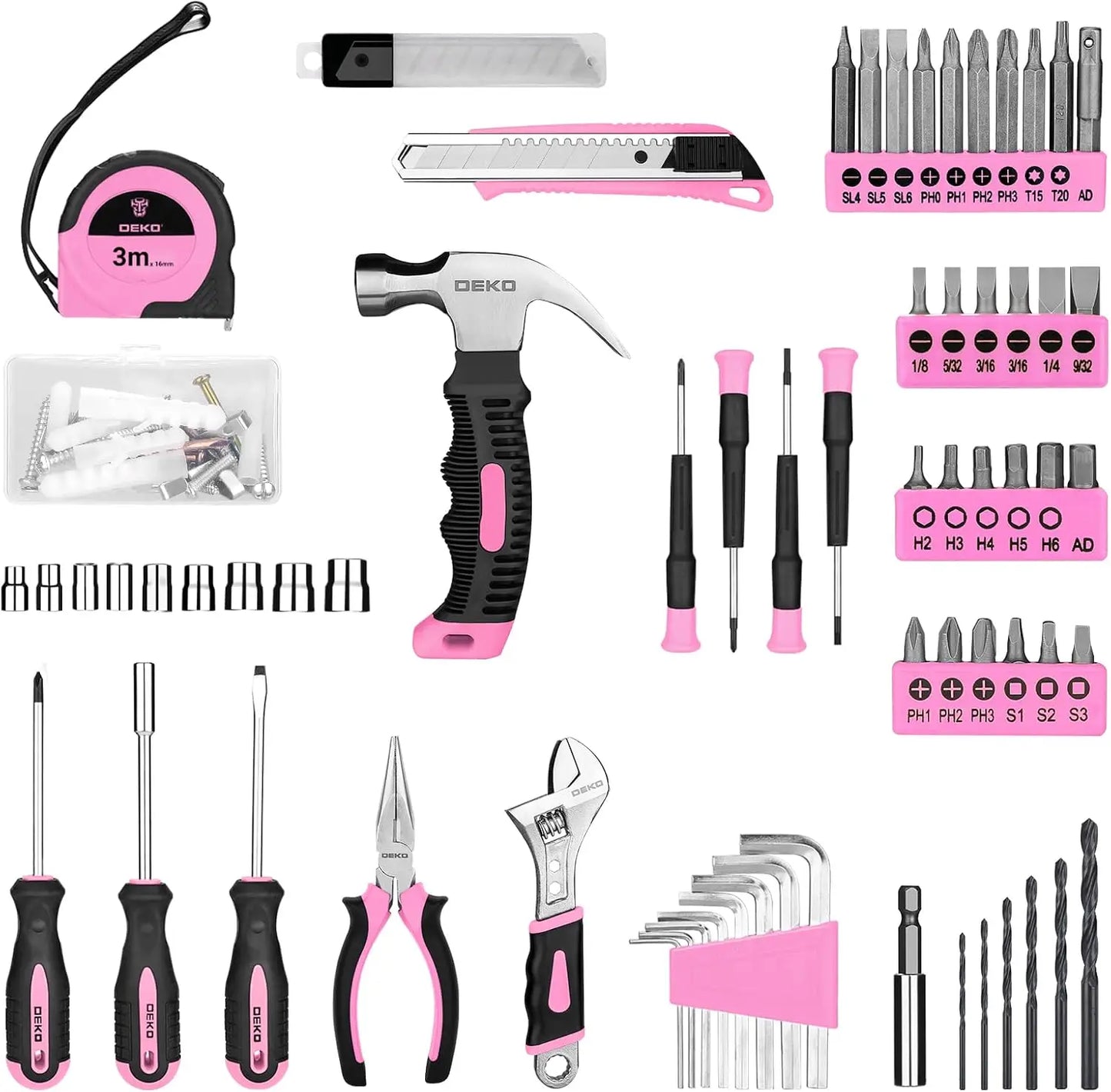 8V Pink Cordless Drill Set, 126-Piece Home Tool Kit for Women, with LED Light and Rechargeable Battery
