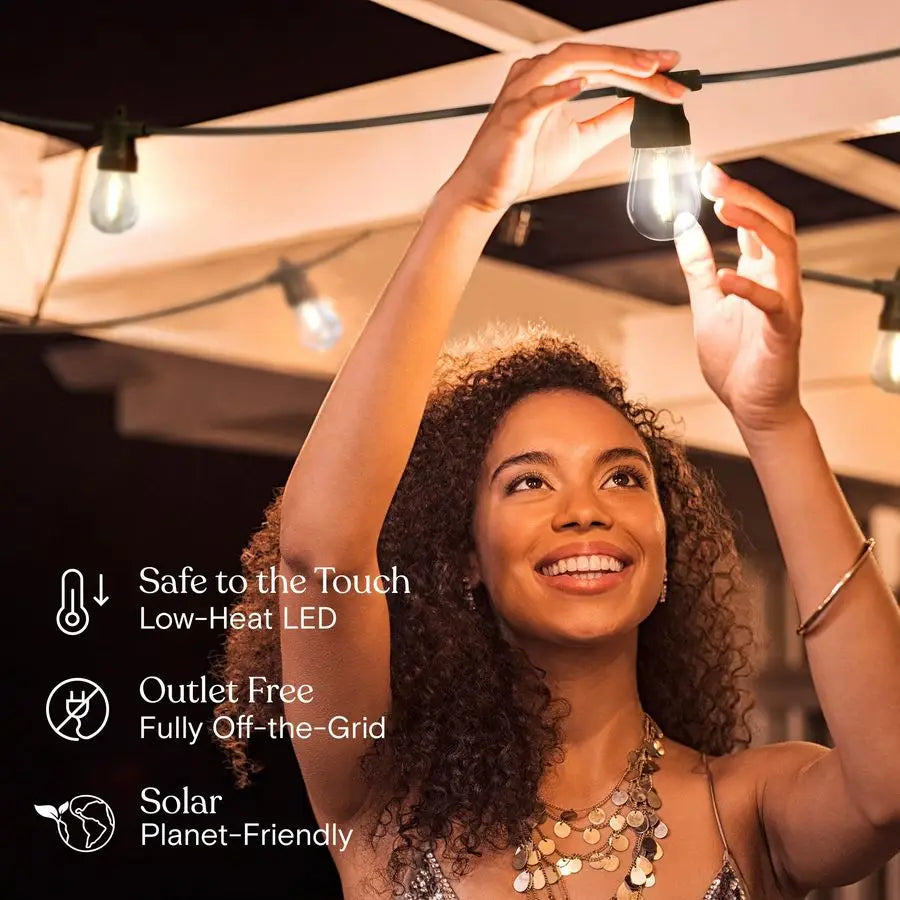 Ambience Pro Solar Powered Outdoor String Lights, 48 ft Commercial Grade Waterproof Patio Lights, 15 Edison Bulbs, Shatterproof