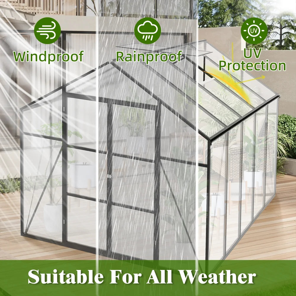 8x10 FT Polycarbonate Greenhouse Walk In Plant Houses With Adjustable Windows Sheds For Outdoor Gardening All Weather Protection