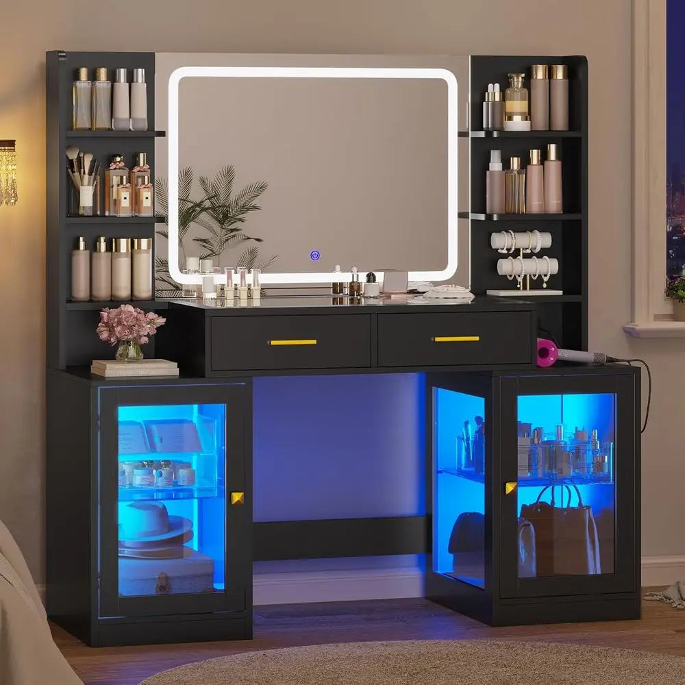 Makeup Vanity Set with Illuminated Mirror, RGB Cabinet, Glass Drawers, and Power Outlet for Teens and Women in Black