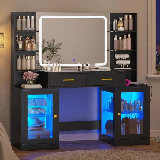 Makeup Vanity Set with Illuminated Mirror, RGB Cabinet, Glass Drawers, and Power Outlet for Teens and Women in Black