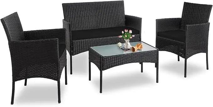 4 Piece Outdoor Wicker Patio Conversation Furniture Set, Rattan Chair Wicker Sofa Garden Conversation Sets with Cushion and Gla