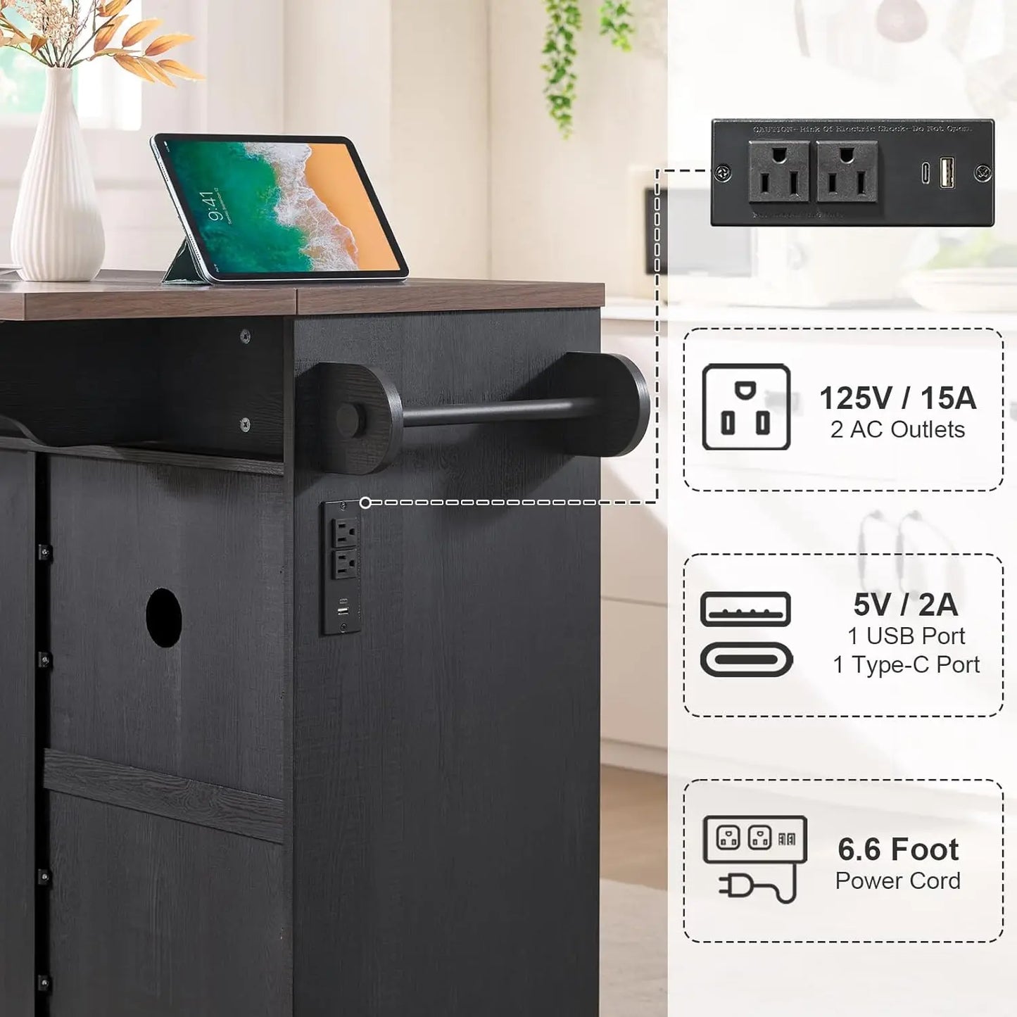 57" Kitchen Island with Storage — Kitchen Rolling Island with Trash Can Storage Cabinet, Power Outlet & Drop Leaf,, Customized