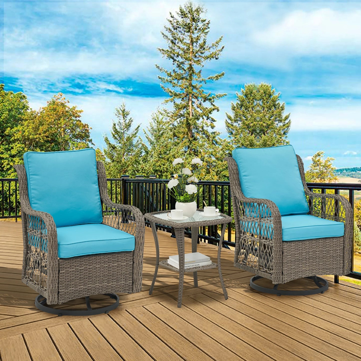 3 Pieces Outdoor Wicker Swivel Chair Set, Swivel Rocking Chairs Set of 2 with Rattan Side Table, 360-Degree Swivel Rocking Chair