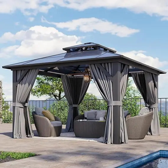 12'x12' Hardtop Gazebo, Permanent Aluminum-Framed Pavilion with Curtains & Mesh Screens, Featuring a Double-Layered