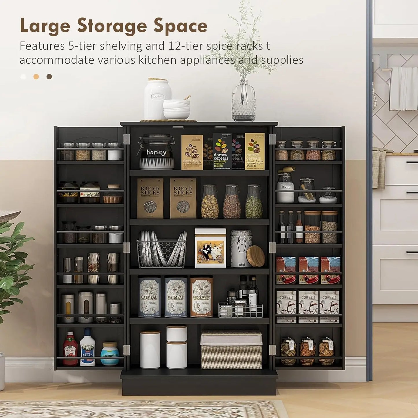 41" Kitchen Pantry Storage Cabinet, Freestanding Kitchen Cabinet with 12 Door Shelves, Double Doors, 5-Tier, Customized
