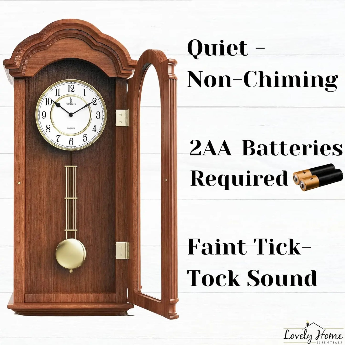 Battery Operated Large Wooden Grandfather Wall Clock Pendulum Quiet Real Wood Home Decor
