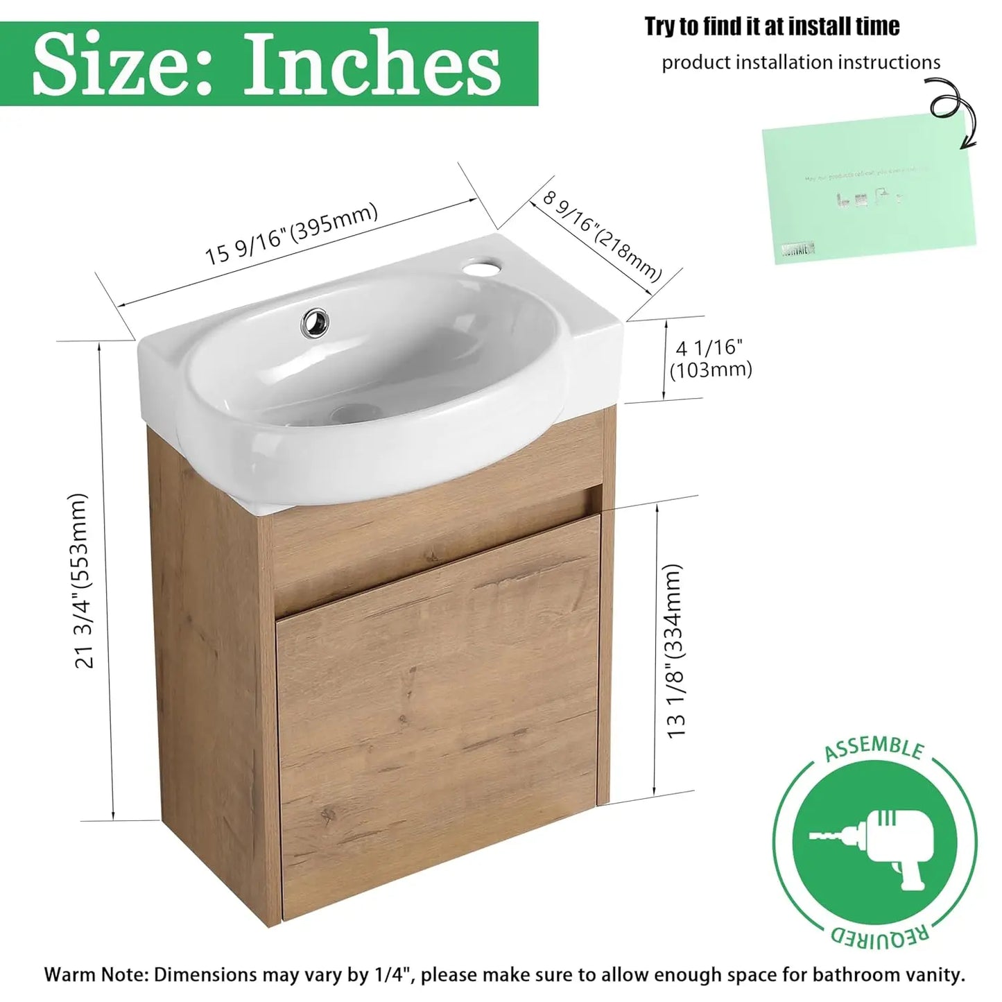 16in Floating Bathroom Vanity Sink Wall Mount Soft Close Door White Ceramic Top Small Space Storage Cabinet, Customized