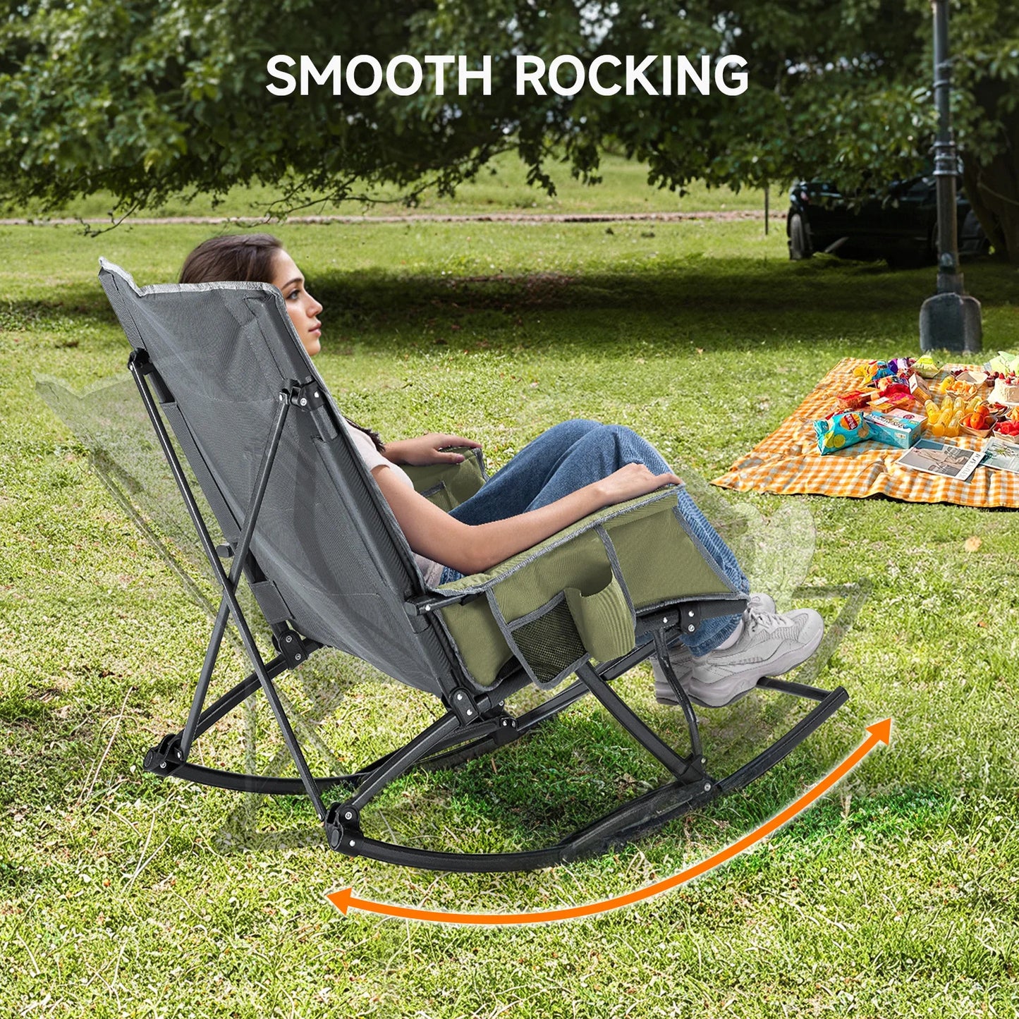 Rocking Camping Chair for Adults, Folding Outdoor Rocking Chair with Foot Rest, 330 lbs Capacity, Camp Chairs for Lawn