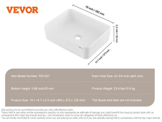 SucceBuy Rectangle Vessel Sink Bathroom Vessel Sink Countertop White Ceramic Bathroom Sinks Above Counter for Bathroom/Toilet