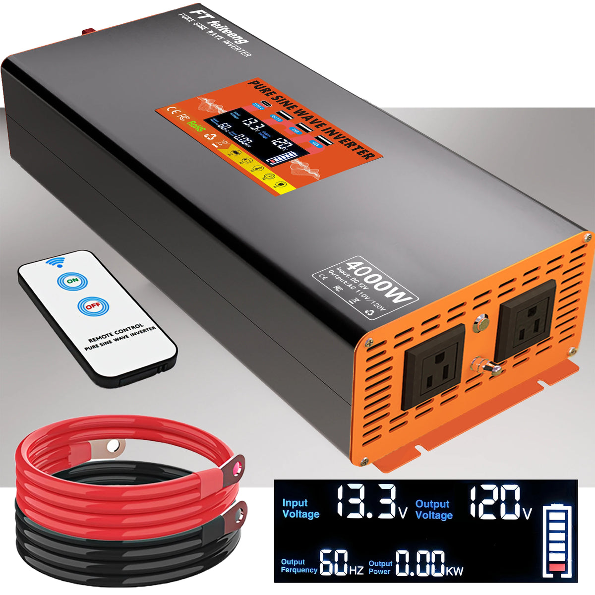 6000W Peak Pure Sine Wave Power Inverter 12V to 110V with US Plug Cables OVP for Car RV Solar CPAP Tools US Stock