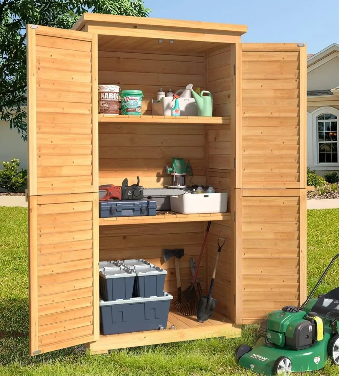Outdoor Tall Wooden Storage Cabinet with 3 Shelves & Double Lock & Waterproof Roof for Yard Patio Lawn, Custom